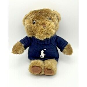 Polo Ralph Lauren Teddy Bear Plush Stuffed Animal w/ Navy Blue Knit Pony Sweater